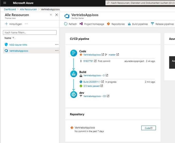 Sobald ein Azure DevOps-Projekt erstellt wurde, können die einzelnen Bestandteile im Portal verwaltet werden, darunter auch die CI/CD Pipeline. (Bild: Joos / Microsoft)