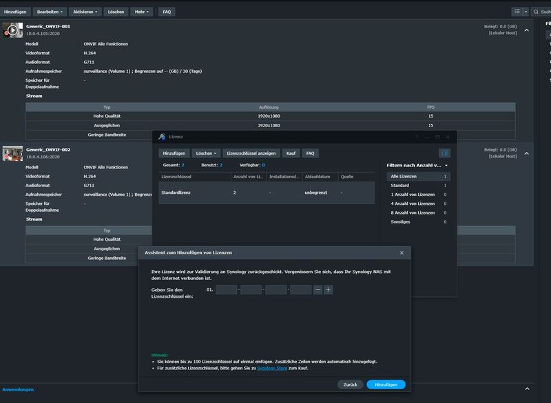 Anbinden weiterer Lizenzen an Synology Surveillance Station. (Bild: Thomas Joos)