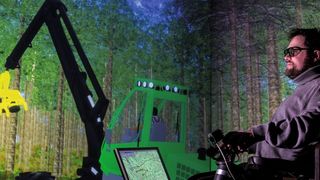 Der Experimentierbare Digitale Zwilling (EDZ) der Forstmaschine interagiert mit den EDZ der digitalisierten Umgebung – bestehend aus Bäumen, Maschinen, Waldarbeitern. Unterschiedliche Einsatzszenarien können so vollumfänglich getestet werden. (Thomas Steil, MMI, RWTH Aachen)