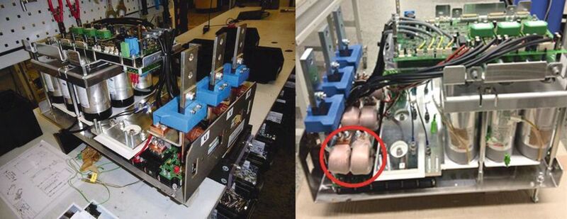 Bild 2: Die beiden Demonstrator-Stacks: (links) Stack mit FF1400R17IP4, (rechts) Stack mit FF1800R17IP5. (Infineon)