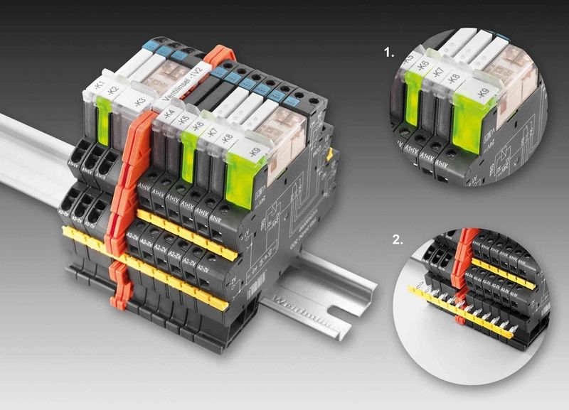 Relaiskoppler-Familie Termseries; hier im Detail 1: Eine deutliche Statusanzeige erfolgt über die LED, die großflächig den kompletten Auswerfer illuminiert. Detail 2: Die Querverbinder sind gut handhabbar. (Bild: Weidmüller)