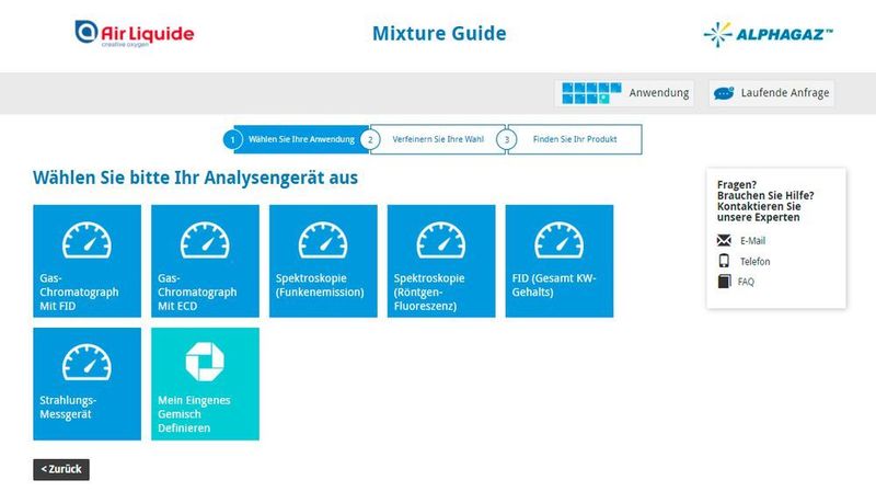 Anwendungsdetaillierung über z. B. Wahl des Analysengerätes (Air Liquide)