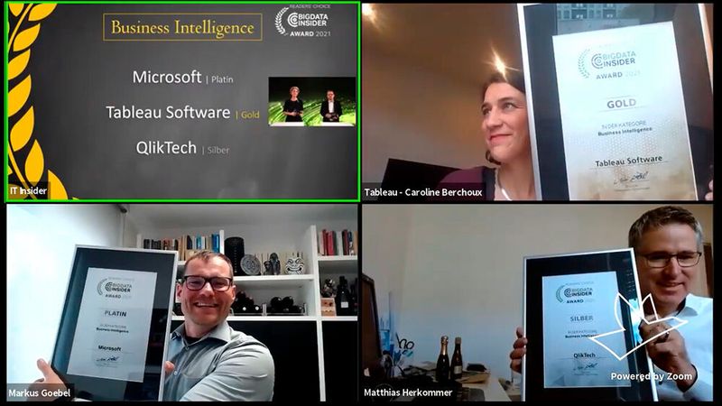 In der Kategorie Business Intelligence geht Platin an Microsoft, vertreten durch Markus Göbel. Caroline Berchoux nahm den Award in Gold für Tableau Software entgegen. Silber gewinnt Qlik, vertreten durch Matthias Herkommer. (Vogel IT-Medien)