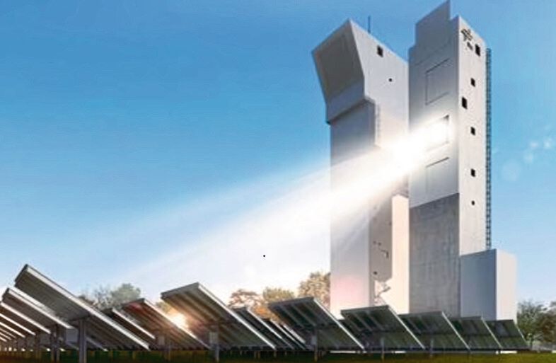 Spiegel (Heliostate) reflektieren das Sonnenlicht auf den zentralen Receiver im Solarturm II des DLR in Jülich. (Bild: DLR)