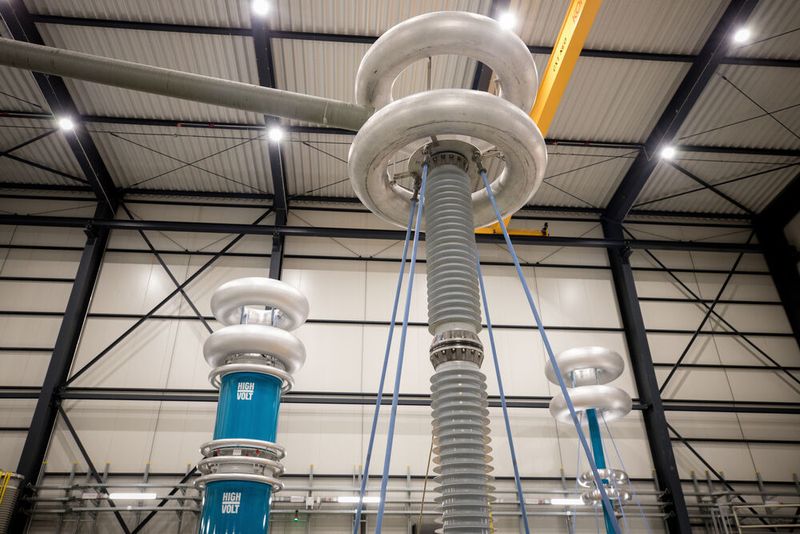 Innenansicht der Hochspannungshalle. Vorne: Stoßspannungsgenerator, hinten links: Gleichstrom-Generator. (Gregor Rynkowski / TU Darmstadt)
