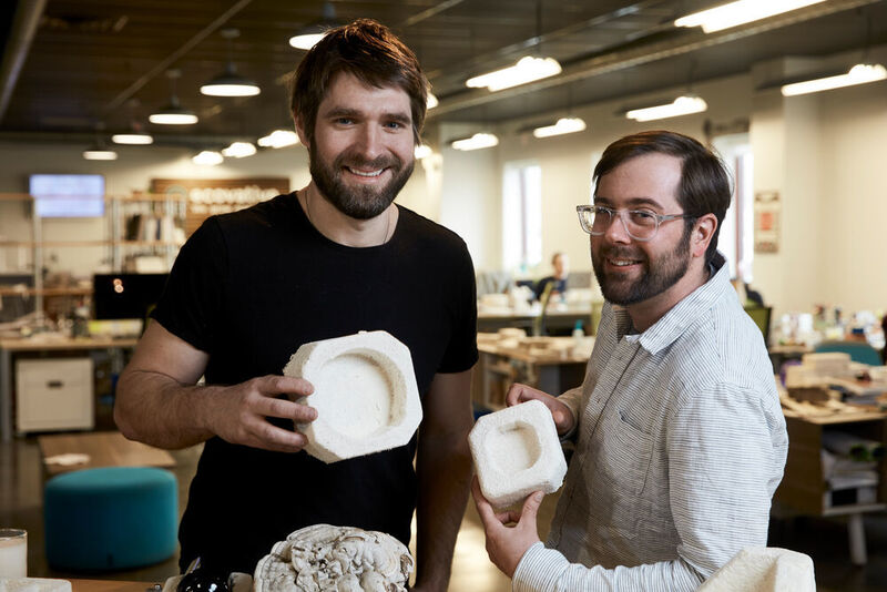Gavin McIntyre (links) und Eben Bayer haben eine umweltfreundliche Verpackung entwickelt, die aus Pilzen wächst. Das Biomaterial ist stabil, sein Verhältnis zwischen Festigkeit und Gewicht ist vergleichbar mit dem vieler Kunststoffprodukte, und es ist innerhalb von 45 bis 180 Tagen vollständig abbaubar.  (EPO/Heinz Troll)