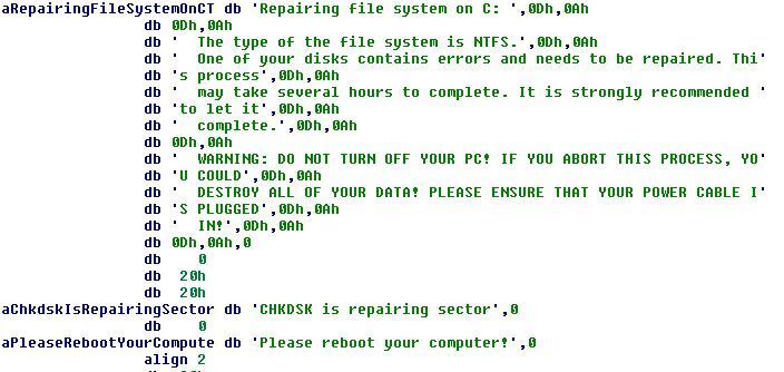 Grafik 8: Falsche CHKDSK-Meldung des Malware-Bootloaders. (Fidelis)