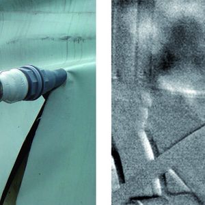 Im sichtbaren Bereich des Spektrums erkennt man nichts. Die Wärmebildkamera, in diesem Fall eine Flir GF 320, visualisiert das Gasleck an einer Kabeldurchführung als schwarzen Rauch im (bewegten) Videobild.