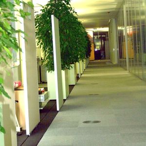 Variabler Sicht und Geräuschschutz:  Die Schiebewände und Blumenkästen schirmen die Arbeitsplätze zu den Gängen hin ab.