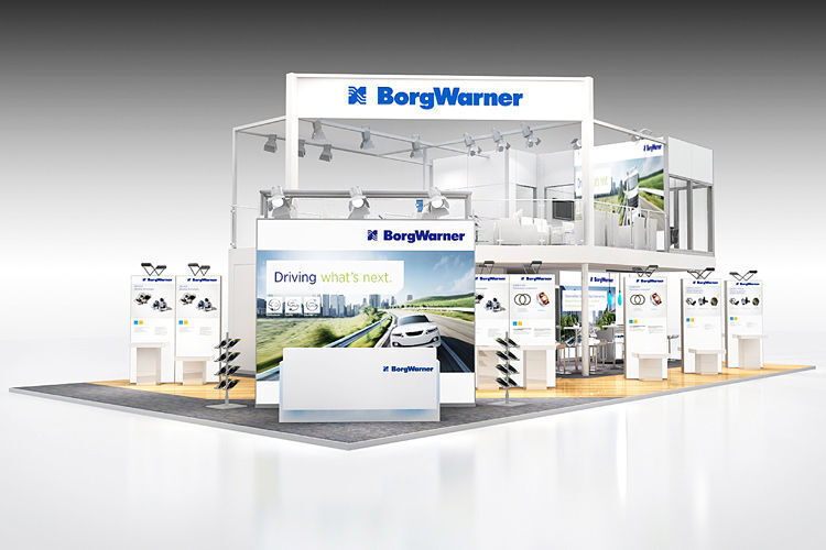 Borg Warner legte auf seinem Stand einen besonderen Fokus auf 48-Volt-Konzepte für Hybrid- und Elektrofahrzeuge. Gezeigt wurden unter anderem das integrierte elektrische Antriebsmodul (eDM) und der elektrisch angetriebene Verdichter „eBooster“. (Borg Warner)
