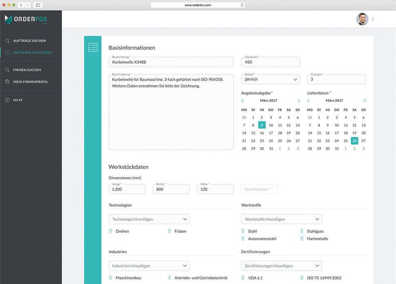 Bild 3: Auftragsplatzierung: Aufträge schnell mit userfreundlichen Features ausschreiben. (Orderfox)