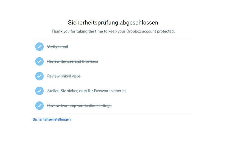 Erfolgreicher Abschluss der Sicherheitsprüfung eines Dropbox-Kontos. (Joos)