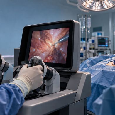 Konsole und steril abgedeckter Roboterarm im selben OP-Saal: Der FDA-Entwurf befasst sich mit lokal gesteuerten Operationsrobotern. (Bild: Symbolbild, KI-generiert / Redaktion Devicemed)