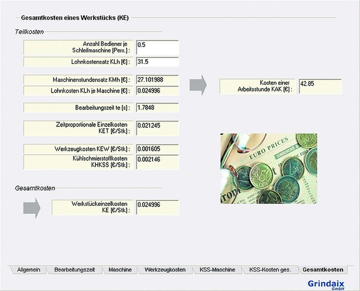 Bild 3: Bauteilstückkosten und Amortisationsdauern für alle gängigen Schleifverfahren lassen sich mit dem Modul Cost-Kostenrechnung ermitteln. Bilder: 1 Bosch & Heck, 2 und 3 Grindaix (Archiv: Vogel Business Media)