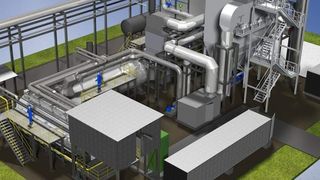 Die neuartige Feuerungsanlage verfügt über eine Leistung von elf Megawatt und besteht im Wesentlichen aus einem vorgeschalteten Brenner, zwei Brennkammern für ein zweistufiges Feuerungskonzept, einem Sattdampfkessel, einer Staubfilteranlage sowie einem 30 Meter hohen Kamin. (Bild: Saacke)