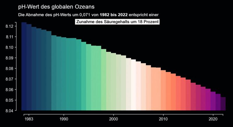 Der pH-​Wert des globalen Ozeans nahm von 1982 bis 2022 um 0,071 Einheiten ab. Da der pH-​Wert auf einer logarithmischen Skala liegt, entspricht dies einer Zunahme des Säuregehalts um 18 Prozent.