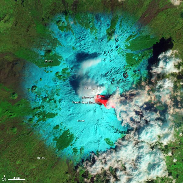 Schwappt über: Ein Fehlfarben-Bild des Vulkans Ätna bei einem seiner letzten Ausbrüche im Februar (NASA EO)