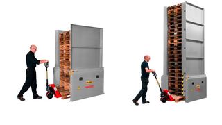 Ventzki hat jetzt die Palettenmagazinsysteme des dänischen Anbieter Palomat ins Portfolio aufgenommen. Ganz ohne Staplereinsatz kann man mit den beiden existierenden Varianten entweder bis zu 15 Paletten (links) oder 25 Paletten schnell und kraftschonend handhaben. (Bild: Ventzki)