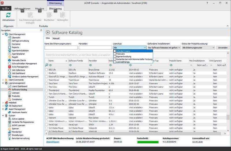 Der DNA-Katalog ermöglicht unter anderem das Filtern der Einträge nach unterschiedlichen Lizenztypen. (Aagon / Güttich)