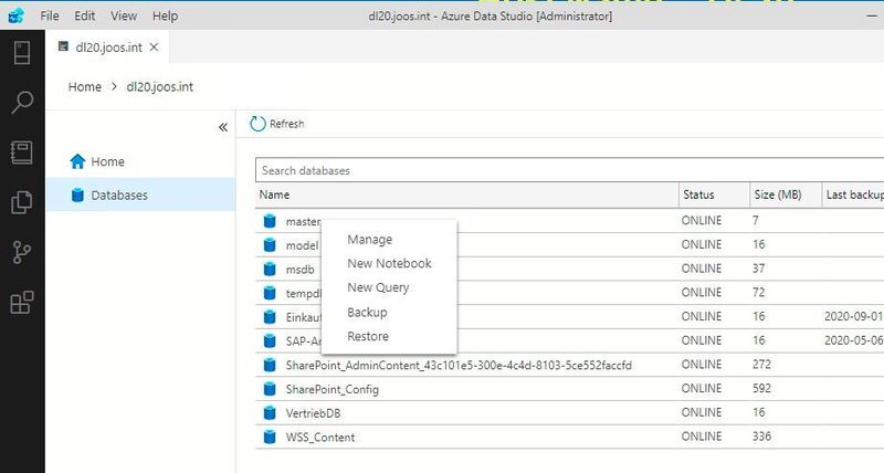 Verwalten von Datenbanken in Azure Data Studio über das Kontextmenü. (Joos/Microsoft (Screenshot))