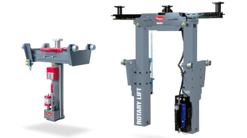 Zu den hängenden Grubenhebern zählen das Modell Blitz S (l.) und der neue Portal Lift 17 Vario (r.).(Bild:  Rotary)
