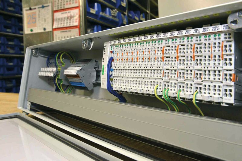 Bei größeren Montagelinien, die in Zellen unterteilt sind, werden die Signale der Sensoren und Aktoren der einzelnen Zellen mit Busklemmen aus dem Wago-I/O-System 750 angebunden. Die Kommunikation mit der zentralen Steuerung erfolgt dann über den Buskoppler mit einem beliebigen Protokoll. (Bild: Erhard Driesel/vor-ort-foto.de)