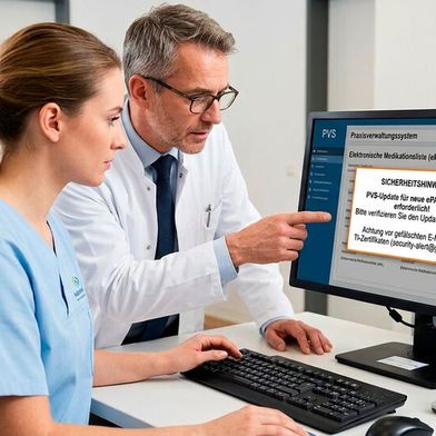 Bei derartigen Fehlermeldungen muss mit größter Sorgfalt sichergestellt werden, dass der Absender tatsächlich der PVS-Hersteller ist. Andernfalls wird Kriminellen Tür und Tor geöffnet. (Bild: Gemini / KI-generiert)