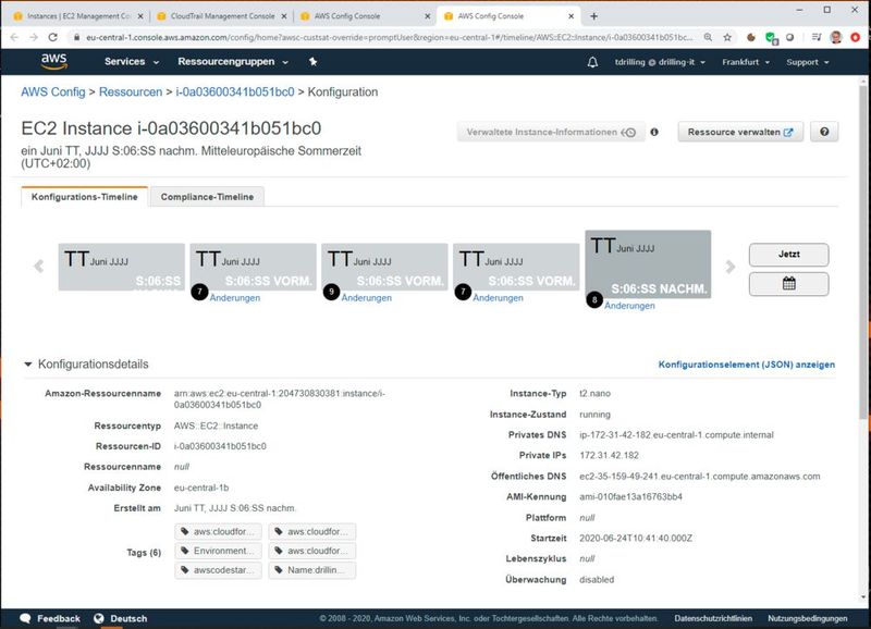 Bei aktiviertem Config Recorder zeigt die Timeline jeden Zeitpunkt, an dem eine Ressource geändert wurde.