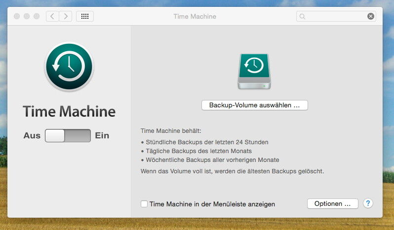 Über „Systemeinstellungen\Time Machine“ wird unter Mac OS X die Grundeinrichtung gestartet. Zunächst muss der Anwender über „Backup-Volume auswählen“ einen Datenträger festlegen, auf dem die Sicherung erfolgen soll. (Bild: Thomas Joos)