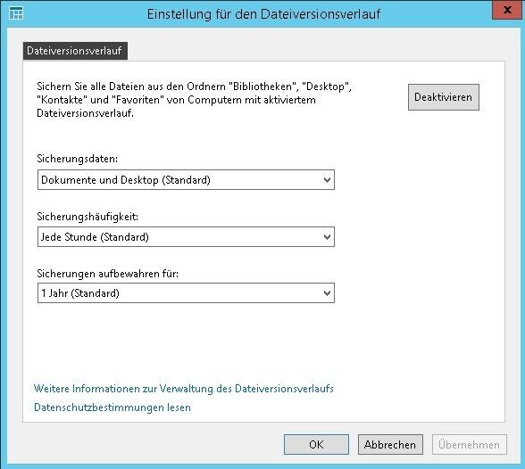 Bei der Anbindung an Windows Server 2012 R2 Essentials können Administratoren im Dashboard des Servers den Dateiversionsverlauf von Windows 8.1-Clients steuern. Die Dokumente werden automatisch auf einer Freigabe des Servers abgelegt. (Bild: Joos)