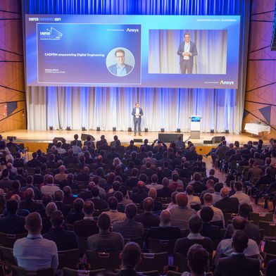 Blick ins Plenum im Kongresszentrum in Darmstadt bei der letzten nationalen Cadfem Conference im April 2024. (Bild: Cadfem)