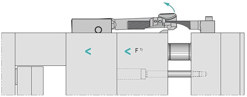 Phase 2: Die erste Trenneben öffnet sich, wobei pro Klinkenzug eine maximale Zugkraft von 14 kN zulässig ist. Ein Mitnehmer zieht die Platte dann bis zum gewünschten Hub mit, heißt es weiter... (Meusburger)