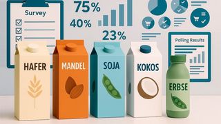 Hafer, Mandel, Soja – Alternativen zur Kuhmilch gibt es einige. Wir werfen einen Blick auf den Markt der pflanzlichen Milchalternativen und stellen Ergebnisse einer entsprechenden Umfrage von Danone vor. (Bild: GPT Image Generator / KI-generiert)