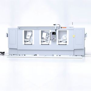 Die Vollmer-Produktionsanlage CC 355 bearbeitet hartmetallbestückte Kreissägen in einem Arbeitsgang über drei Bearbeitungsstationen.