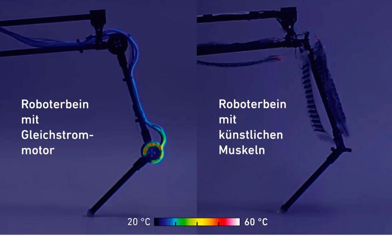 Wenn Roboterbeine eine bestimmte Position lange halten müssen, fliesst viel Strom durch den antreibenden Gleichstrommotor (links). Mit der Zeit geht Energie in Wärme verloren. Im Gegensatz dazu bleiben die künstlichen Muskeln kalt (rechts). Die künstlichen Muskeln arbeiten mit dem Prinzip der Elektrostatik und sind effizient, da sie keinen Stromfluss bei konstanter Belastung haben. (Bild: Thomas Buchner und Toshihiko Fukushima)