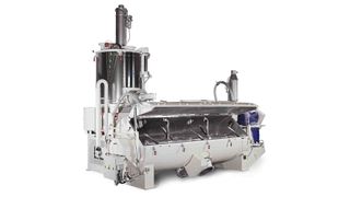 Eine für die Herstellung von Naturfaser-Compounds optimierte Kombination eines MTI Flexline-Heiz-/Kühlmischers mit einem Venttec-2.0-Aspirationssystem.  (Bild: MTI Mischtechnik)