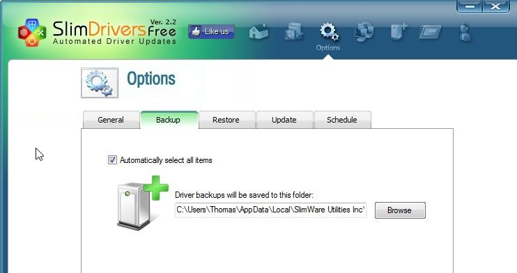 Abbildung 8: In den Einstellungen von SlimDrivers wird über die Registerkarte 