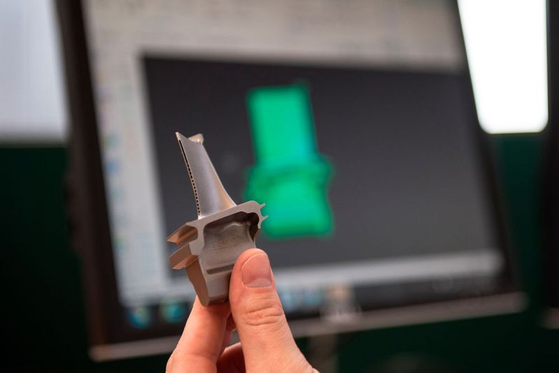 Die erste generativ gefertigte Turbinenschaufel «SGT400 Stage 1» (im Hintergrund die NX-Software) wurde von Materials Solutions, einem Siemens Service Provider für die additive Fertigung, produziert. (Siemens)