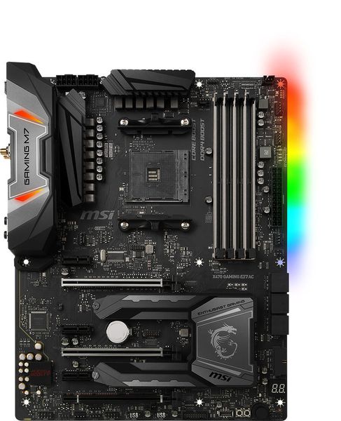 Das MSI-Spitzenmodell mit AMD-X470-Chipsatz ist das X470 Gaming M7 AC. Die Platine bietet unter anderem eine verdoppelte Stromversorgung für die CPU, die extremes Übertakten erleichtert, und einen eigenen Kühler für M.2-SSDs. Es soll 259 Euro (UVP) kosten.  (MSI)