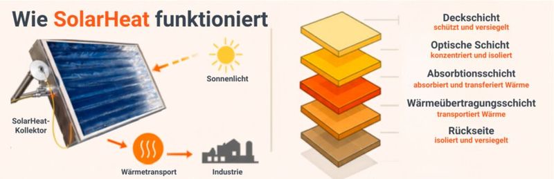 Schematische Darstellung des SolarHeat-Kollektors: links der Einsatz in der Industrie, rechts der mehrschichtige Aufbau.   (Bild: Luca Thommen,  ETH Zürich / KI-generiert)