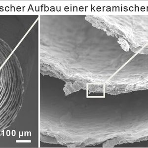 Weitere, tiefergehende Aufnahmen der keramischen Mikrorolle, die man per Rasterelektronenmikroskop gemacht hat.(Bild:  Universität Stuttgart / IMW)