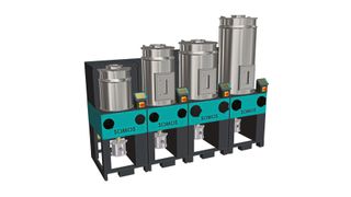 Die modular aufgebaute, stationäre Granulat-Trocknungsanlage Somos RDF (Resin Dryer Flexible) lässt sich entsprechend dem benötigten Durchsatz aus mehreren, unabhängig voneinander arbeitenden Trocknungsmodulen zusammenstellen. Abgebildet ist eine Anlage aus vier Komponenten. (Bild: Protec Polymer Processing)