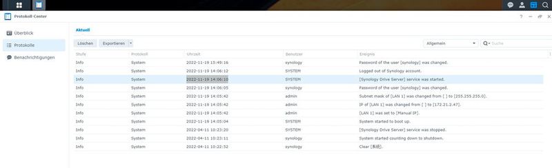 Anzeigen der Protokolle im Protokoll-Center. (Bild: Joos – Synology)