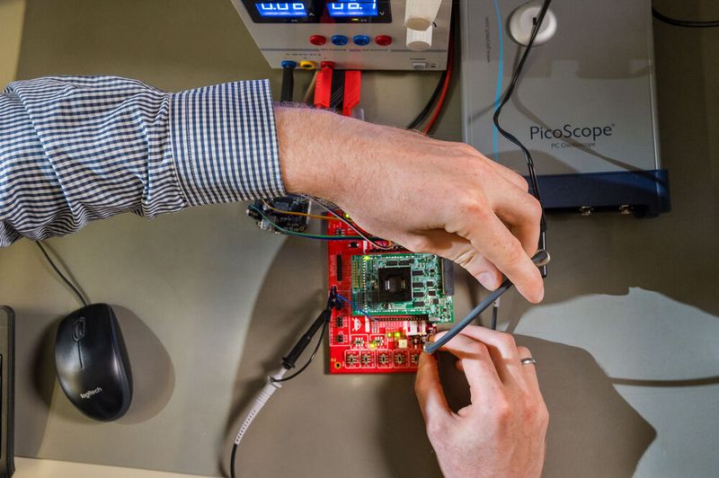 Messungen: Vorbereitungen für Spannungs- und Leistungsmessungen des Post-Quanten Kryptografie Chips. Tim Fritzmann schließt das Oszilloskop zur Messung des Spannungsverlaufes an. (Bild: Astrid Eckert / TUM)