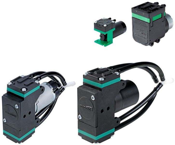 Bild 2: Trocken laufende Miniaturmembranpumpen sind gasdicht, arbeiten als Kompressor oder als Vakuumpumpe und haben einen hohen pneumatischen Wirkungsgrad bis zu 70%.	 a Serie 2002: Volumenstrom bis 0,5 l/min, Druck maximal 0,55 bar, Vakuum bis 45%;  b Serie 3013: Volumenstrom bis 1,3 l/min, Druck bis 0,6 bar, Vakuum bis 45%;  c Serie Jade 1420: Volumenstrom maximal 8,2 l/min, Druck bis 1,9 bar, Vakuum maximal 90%;  d Serie Jade 1420 BLDC: Volumenstrom bis 11 l/min, Druck maximal 1,9 bar, Vakuum bis 90%  (Bild: Gardner Denver Thomas)