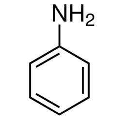 Anilin-Purpur  (1856)

Es handelt sich um einen Benzolring mit einer Aminogruppe (–NH2) 
 und damit um eine aromatische Verbindung. Mit Säuren versetzt bildet es Anilinsalze. Die basische Wirkung von Anilin wird durch den  mesomeren Effekt  verringert, da dieser die Elektronendichte der Aminogruppe verringert.
 (Archiv: Vogel Business Media)