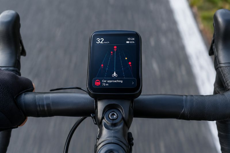 Fahrrad-Radarsysteme erkennen herannahende Autos und warnen über das Display am Lenker. Das ist besonders auf unübersichtlichen Landstraßen eine große Hilfe. (Bild: KI-generiert / Dall-E)