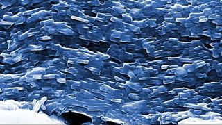 REM-Aufnahme der Bruchkante einer Ti2AlN-Schicht mit plättchenartigem Gefüge. (Fraunhofer IWM)