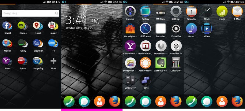 Die Oberfläche des Firefox OS: Der Homescreen befindet sich über dem pink gefärbten Balken. (Bild: Srocke)