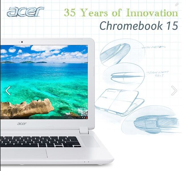 Acer hat erstmals ein Chromebook mit 15,6-Zoll-Display vorgestellt. Bislang waren die Chromebooks mit 11- oder 13-Zoll-Bildschirmen ausgestattet. Außerdem ist eine Intel-Celeron-CPU an Bord. Die Rechner haben vier Gigabyte RAM und eine SSD mit 32 Gigabyte an Bord. (Bild: Acer)